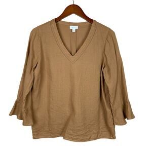 J Jill Love Linen Popover Blouse Brown 3/4 Sleeve Women's S Casual Minimalist